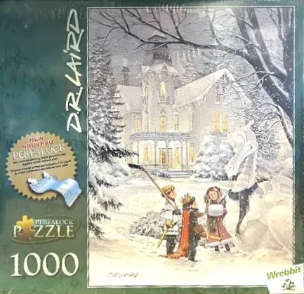 Three children in costumes interacting with a friendly dragon in front of a snow-covered Victorian house.