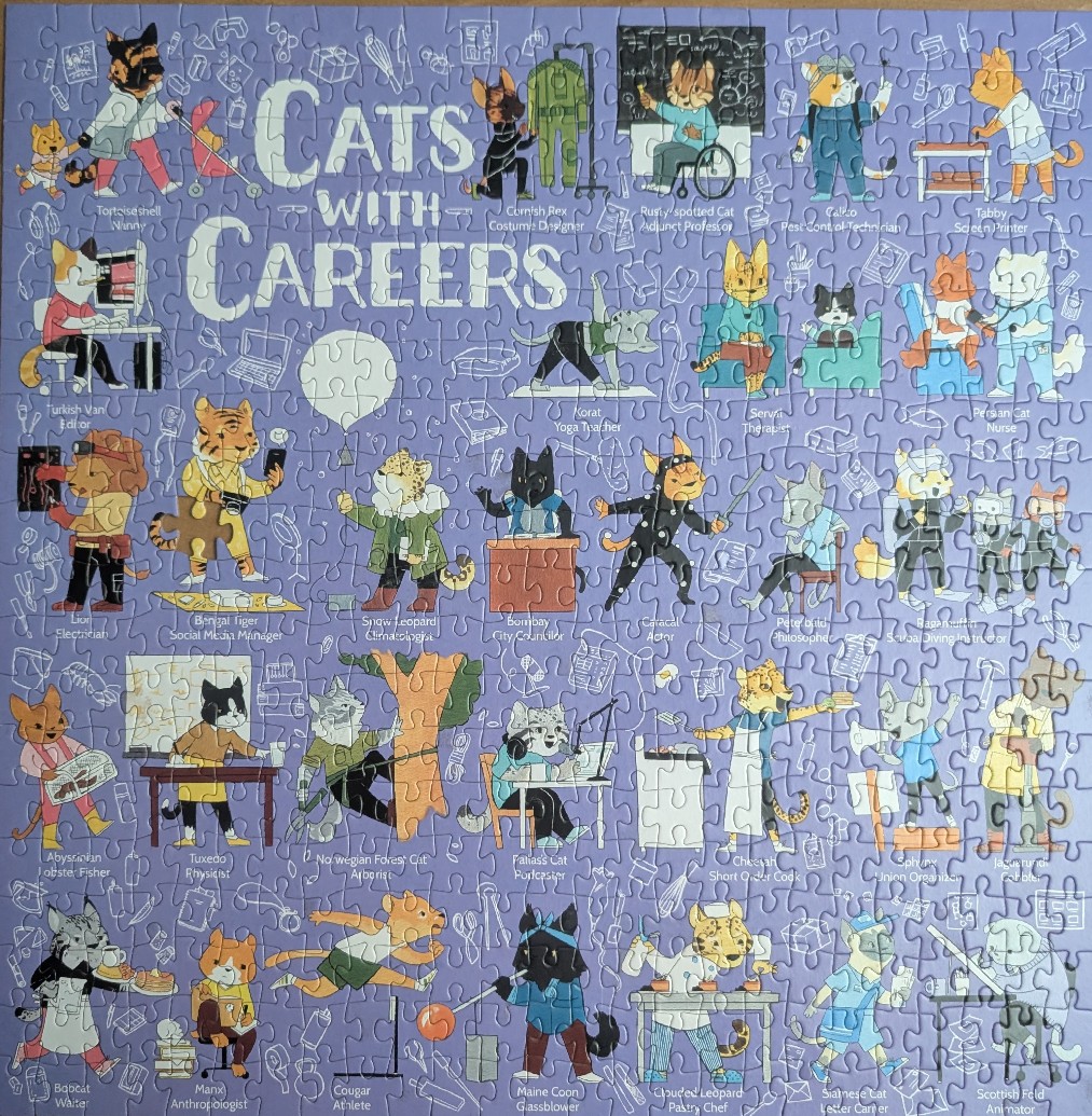 An illustration of various cat breeds performing different careers against a light purple background.