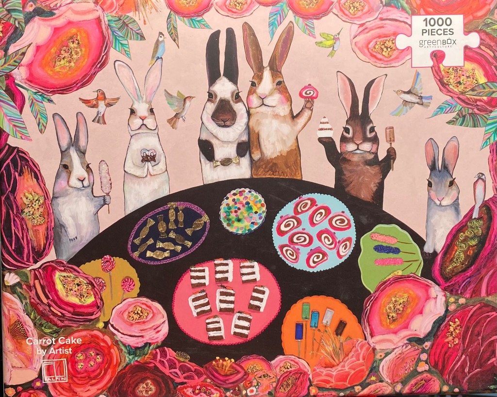 Five whimsical rabbits gathered around a table laden with cakes and treats, framed by vibrant abstract flowers.