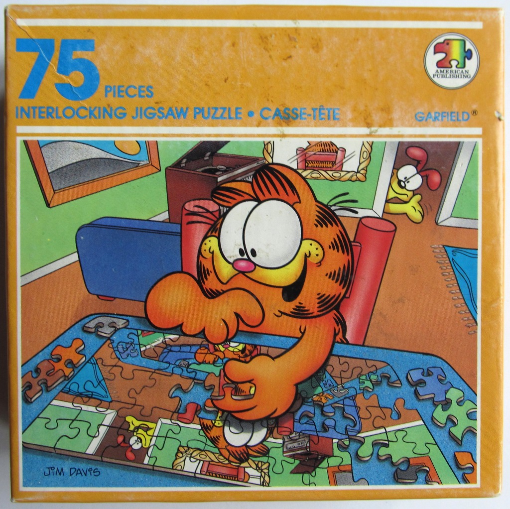 Garfield the cat assembling a jigsaw puzzle of himself in a living room