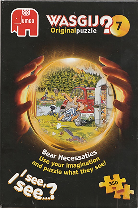 A cartoon illustration of a crystal ball held in hands showing a camping scene with a startled man and a bear.