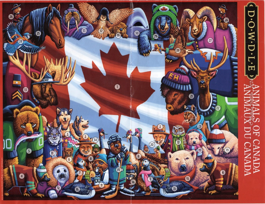Illustration of Canadian wildlife wearing winter clothing arranged in front of a Canadian flag.