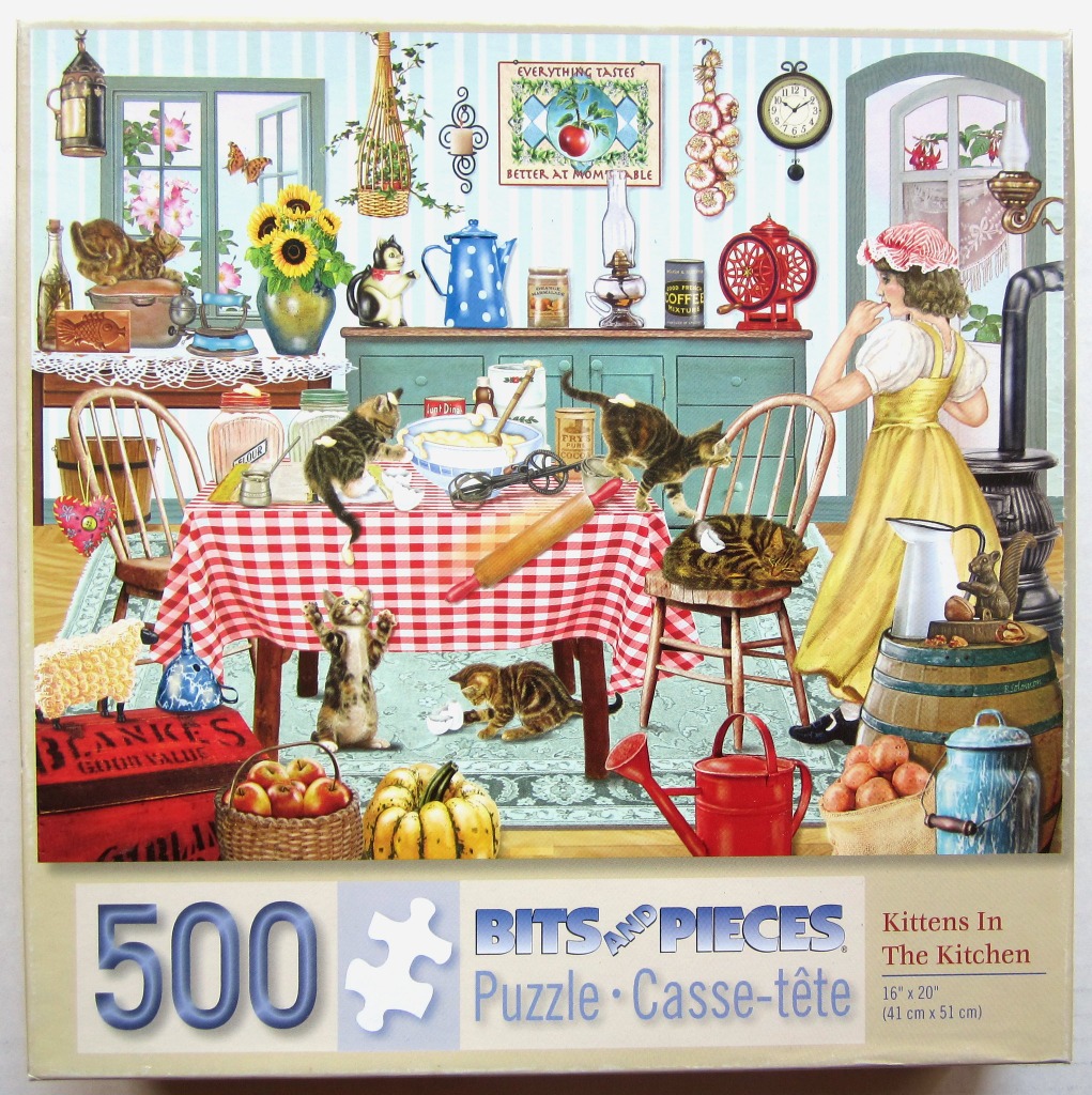 An illustration of a rustic, light-filled country kitchen with several mischievous kittens playing around a table.