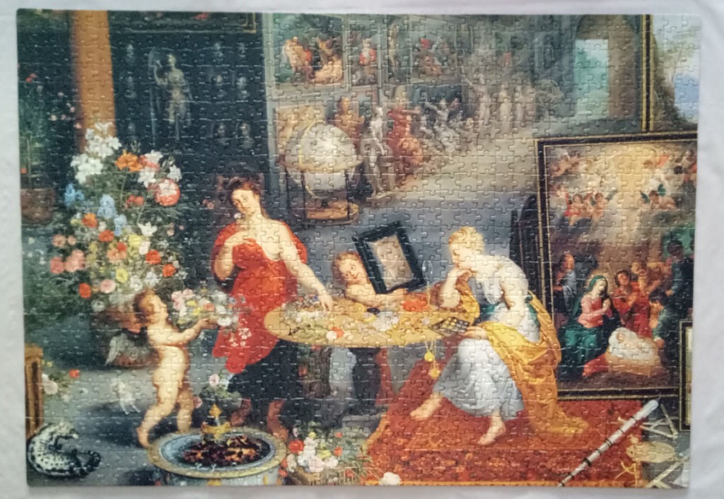 A classical oil painting depicting allegorical figures, flowers, and art in a grand interior gallery.