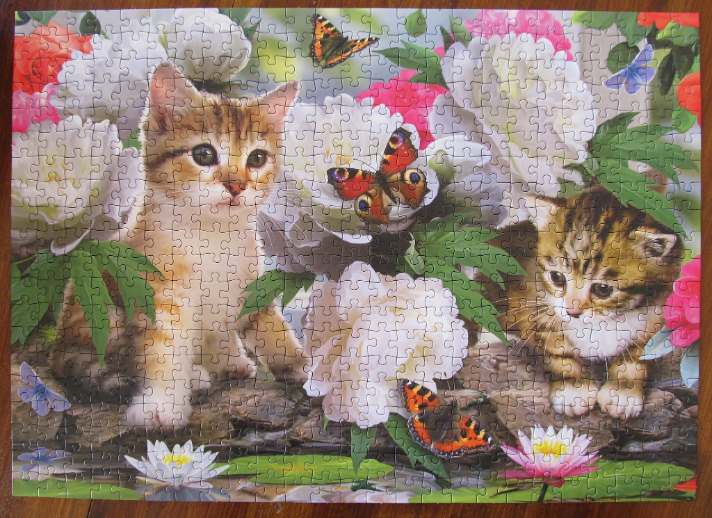 Two kittens sitting among large white peonies, pink flowers, and butterflies near a pond.