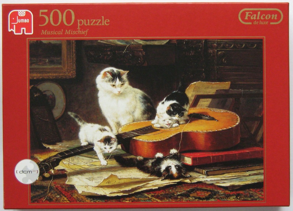 A detailed oil painting of an adult cat and three kittens playing with a guitar and sheet music.