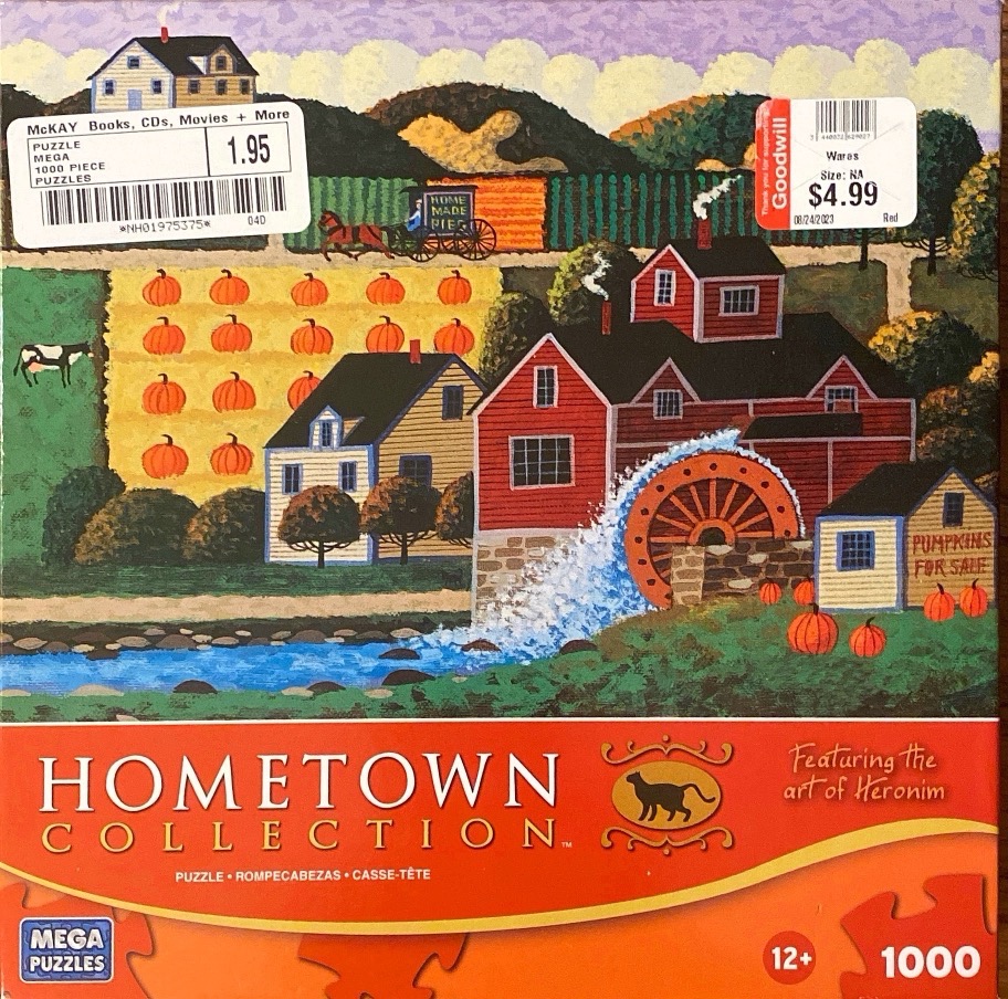 Folk art scene of a rural farm with a watermill, pumpkin patch, and a horse-drawn carriage in a stylized landscape.