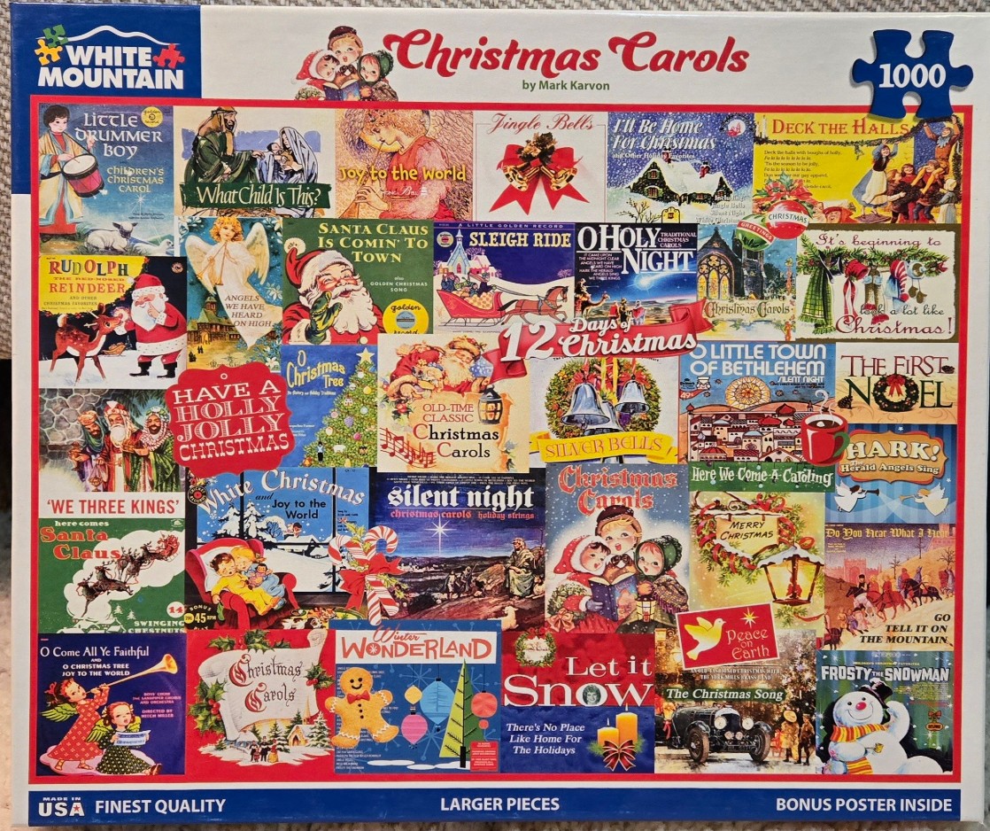 A collage of vintage-style Christmas carol album covers and holiday illustrations arranged in a grid.