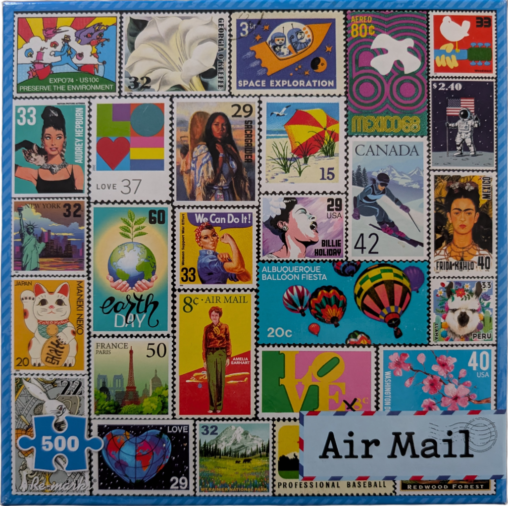 A collage of various postage stamps featuring historical figures, landmarks, space travel, and cultural icons.