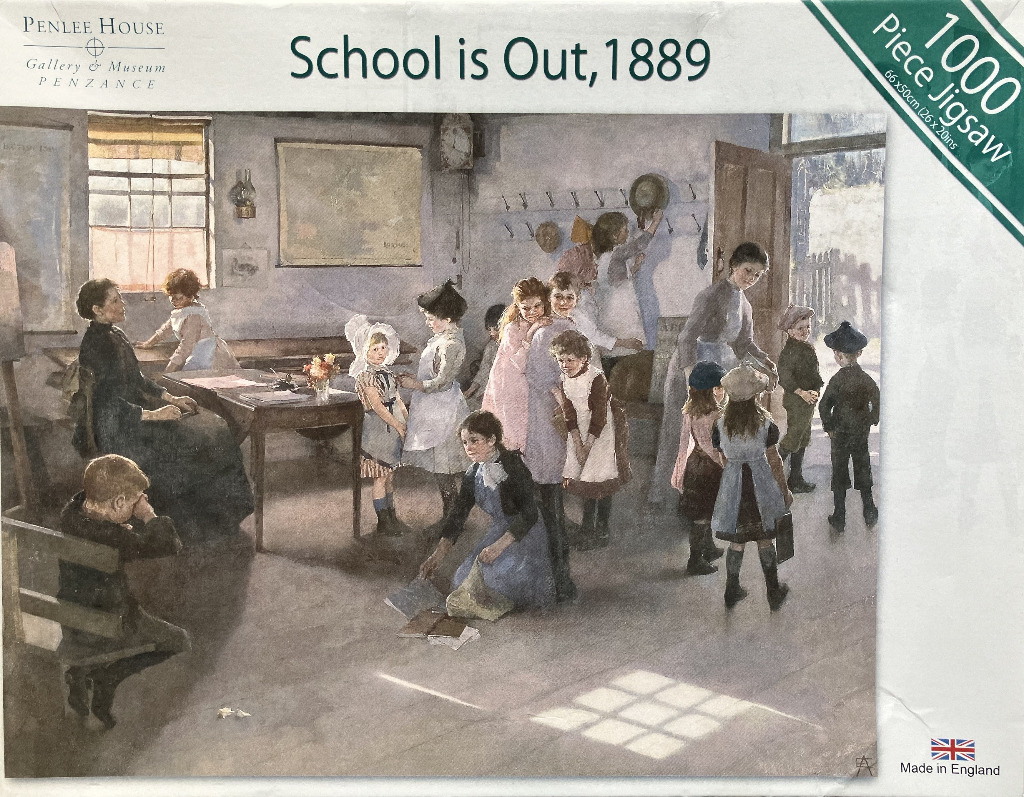 A Victorian-era classroom scene with a teacher and children gathered as school ends.