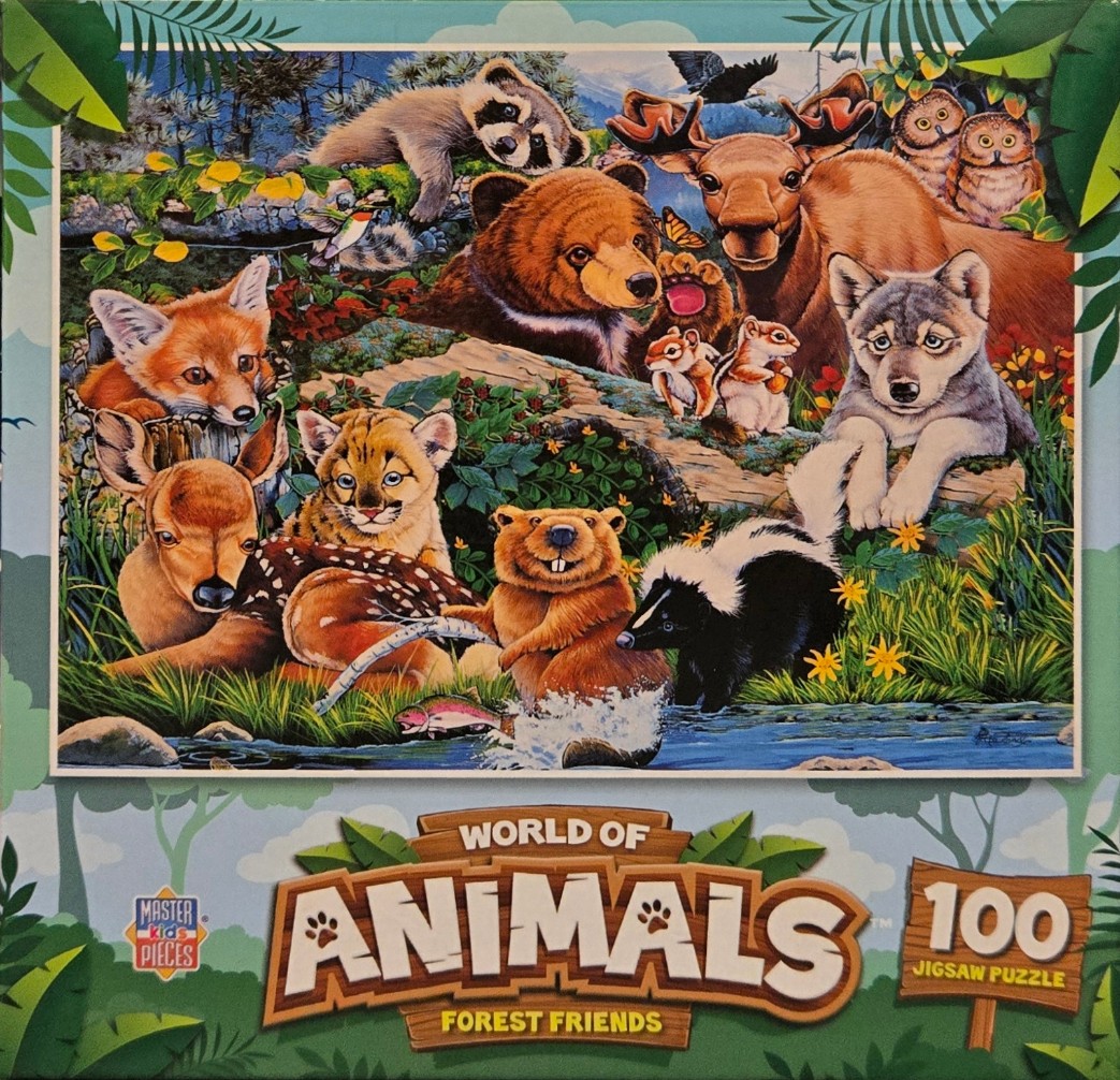 Illustration of various North American forest animals gathered in a woodland clearing by a stream.