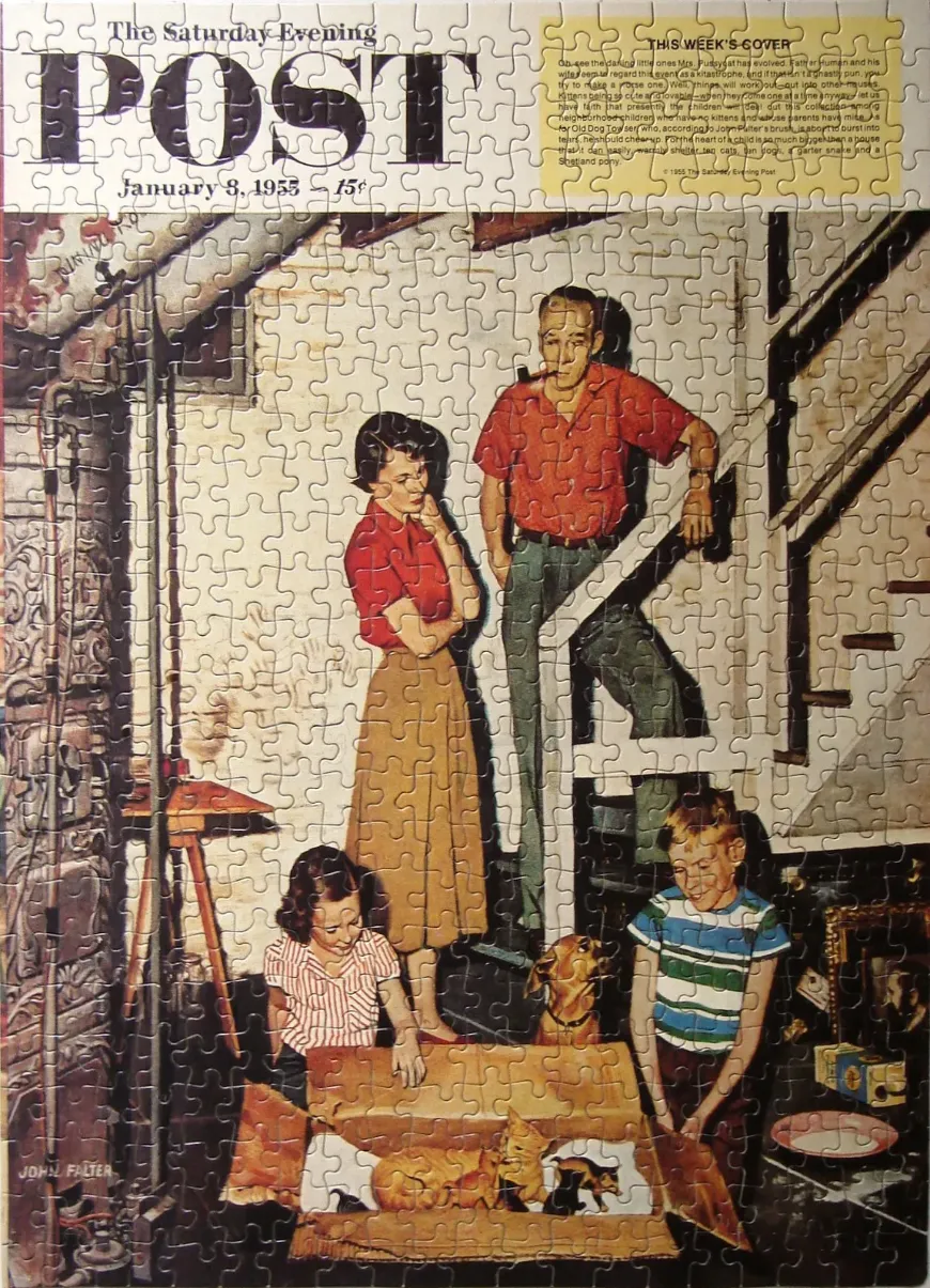 A vintage illustration of a family discovering a box of kittens in their basement, a 1955 magazine cover art.