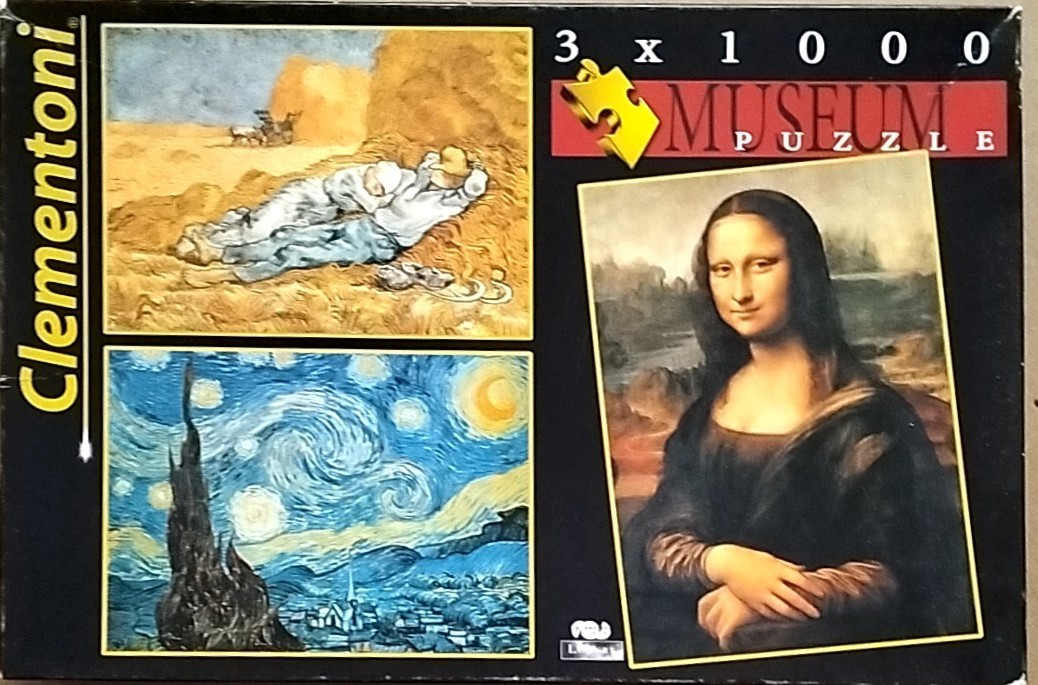 Three famous art reproductions including Van Gogh's The Starry Night, Noon: Rest from Work, and the Mona Lisa.
