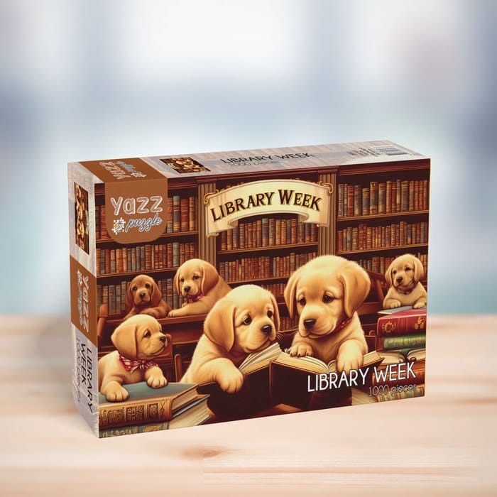 Five adorable golden retriever puppies exploring a cozy library filled with bookshelves and open books.