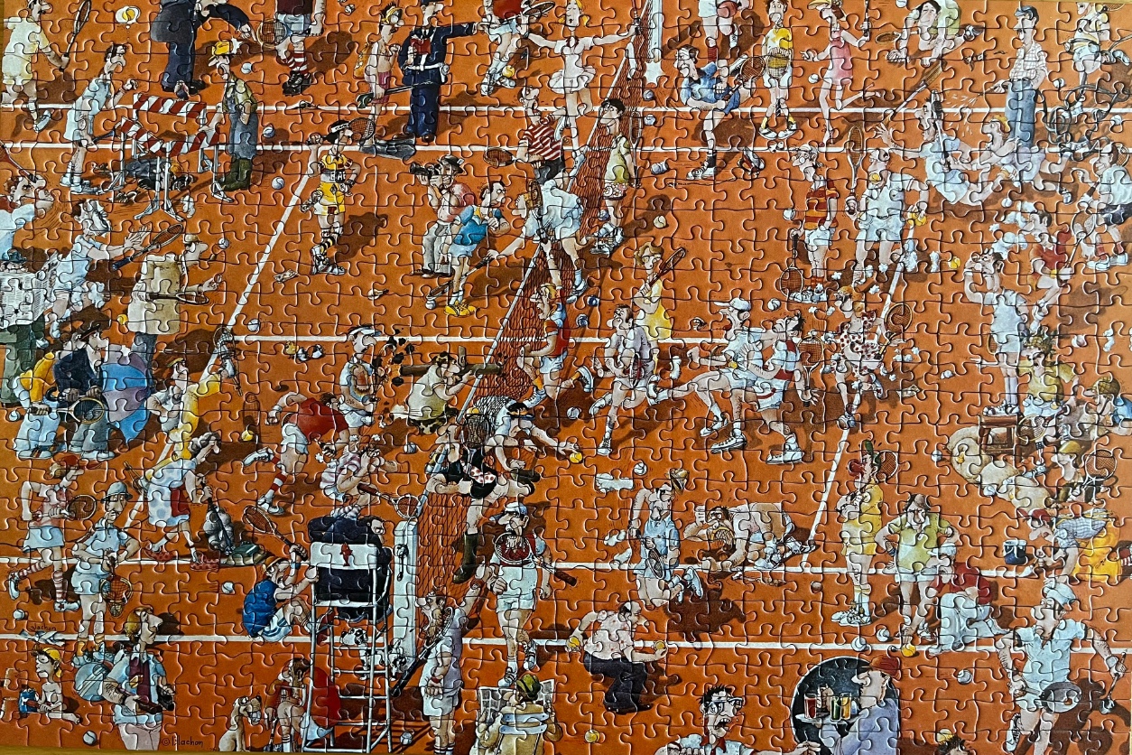 Cartoon illustration of a chaotic tennis match on an orange clay court with many humorous characters.