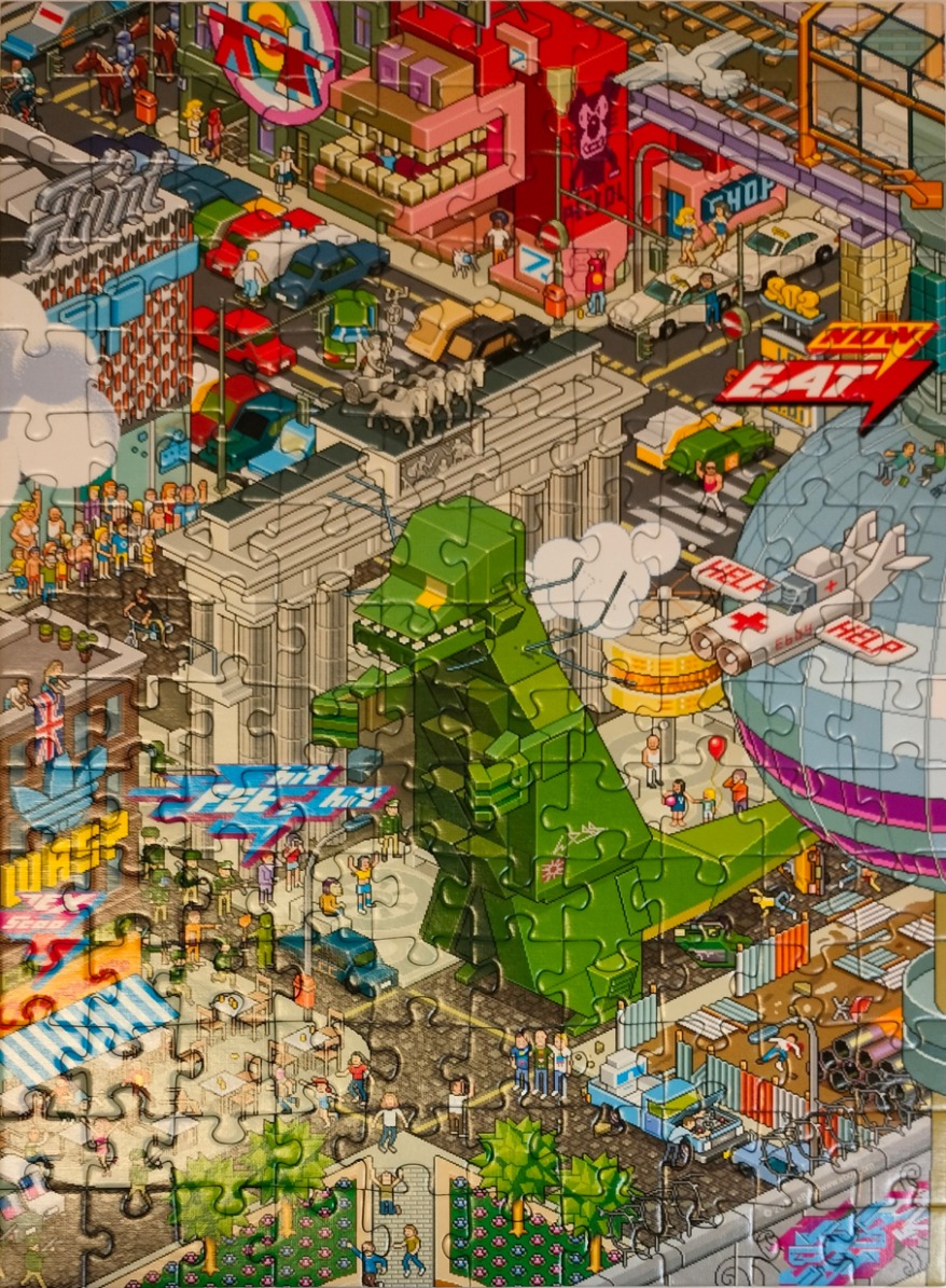 Pixel-art style illustration of a busy cityscape featuring the Brandenburg Gate and a giant green monster.
