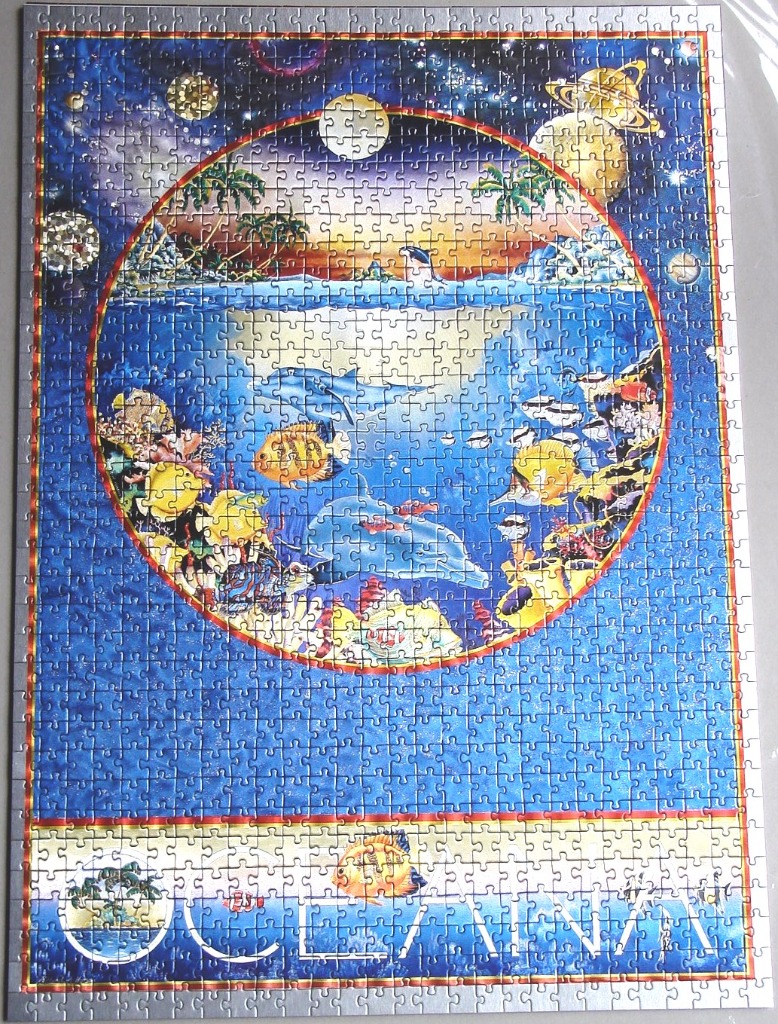 An illustration showing a circular window into an underwater scene featuring dolphins, fish, and a tropical beach background.