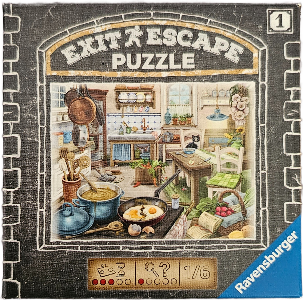 A cozy, illustrated country kitchen filled with cooking ingredients, a cat on a chair, and a frying pan with eggs.