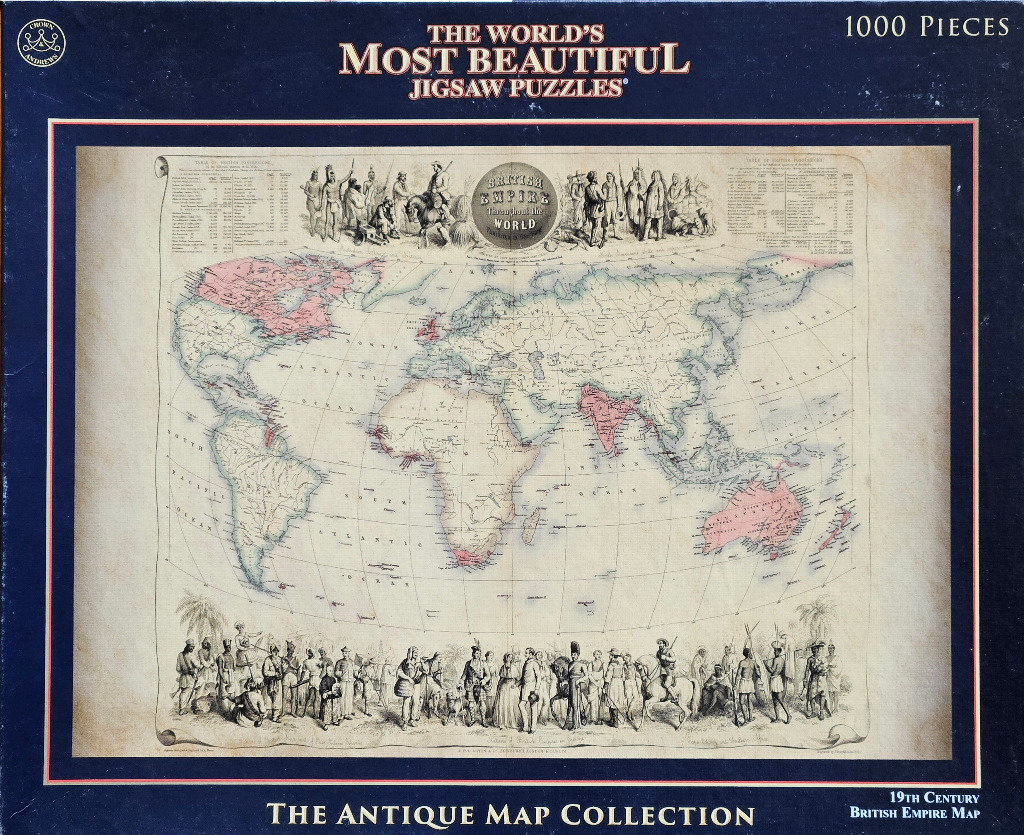 Antique 19th-century map of the British Empire with colonial figures in the borders