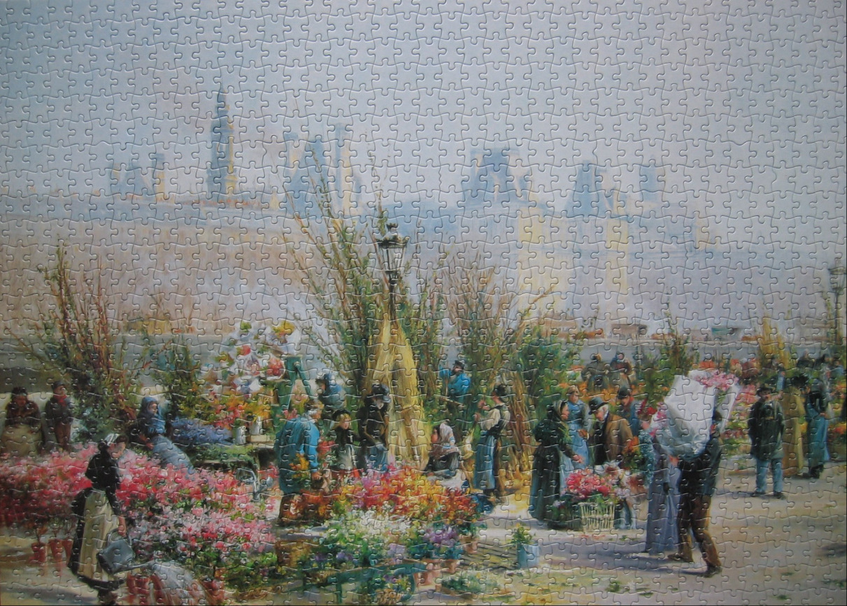 A painting of a busy 19th-century Parisian flower market with the Louvre in the background.