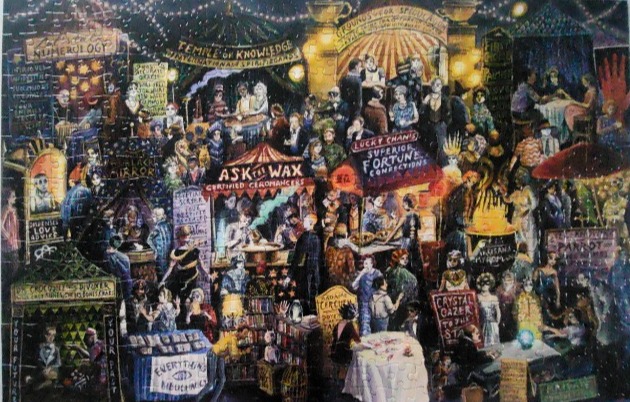 Mystical fair with fortune tellers, numerology, and candy stalls.
