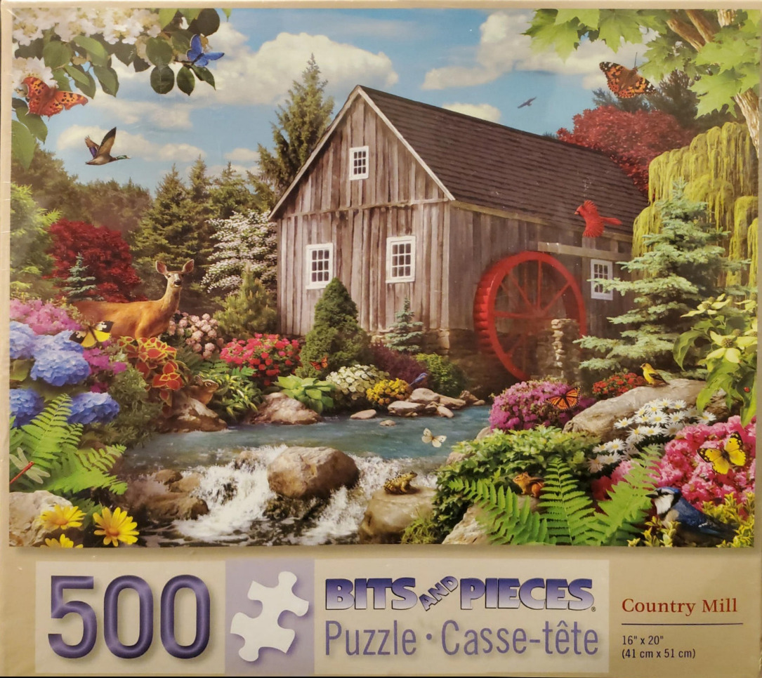 A rustic wooden mill with a red water wheel by a stream, surrounded by colorful flowers, wildlife, and butterflies.