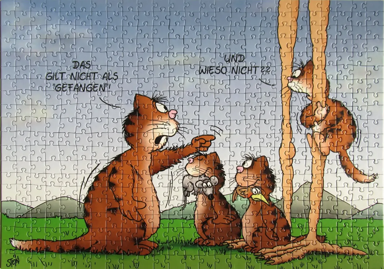 Cartoon drawing of four cats in a field, one scolding the others regarding a mouse and a bird.