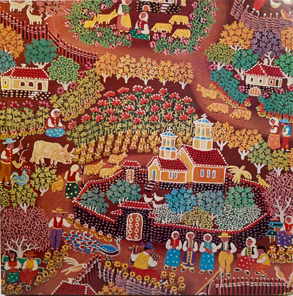 Folk art painting of a rural village with figures, animals, and a church