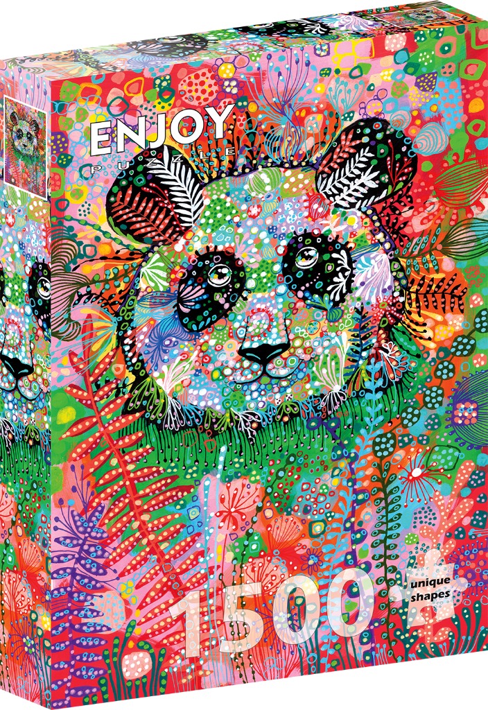 An illustration of a panda face surrounded by vibrant, psychedelic floral patterns in a rainbow of bright colours.