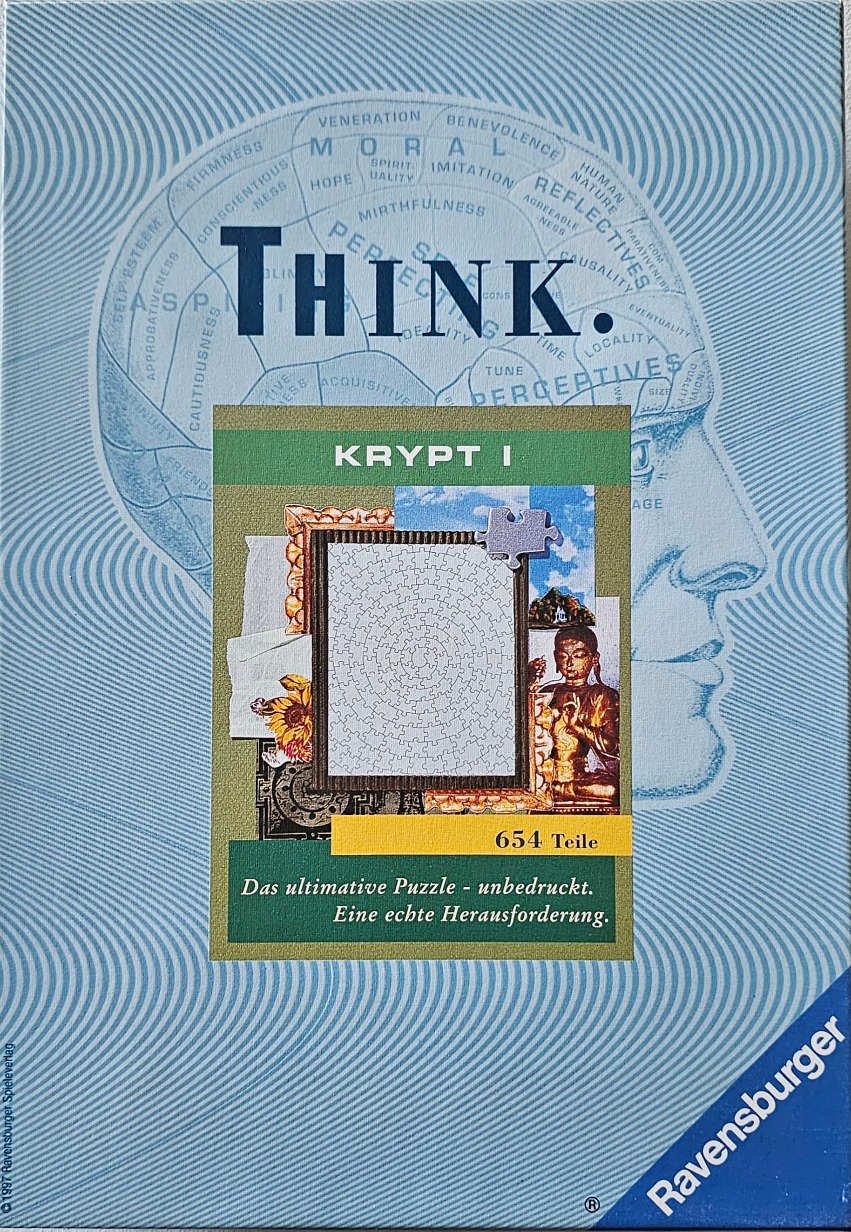 A phrenology-style brain diagram on a blue wavy background with a central inset of a blank, white spiral jigsaw puzzle.