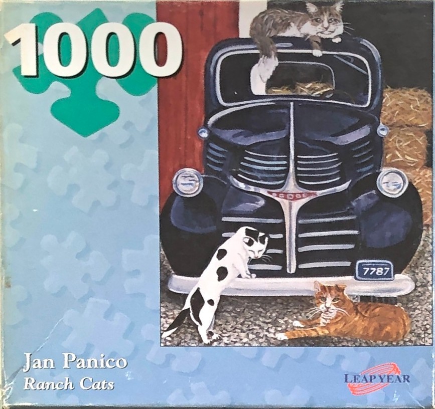 Painting of a vintage black truck parked in front of a barn with three cats sitting on and around it.