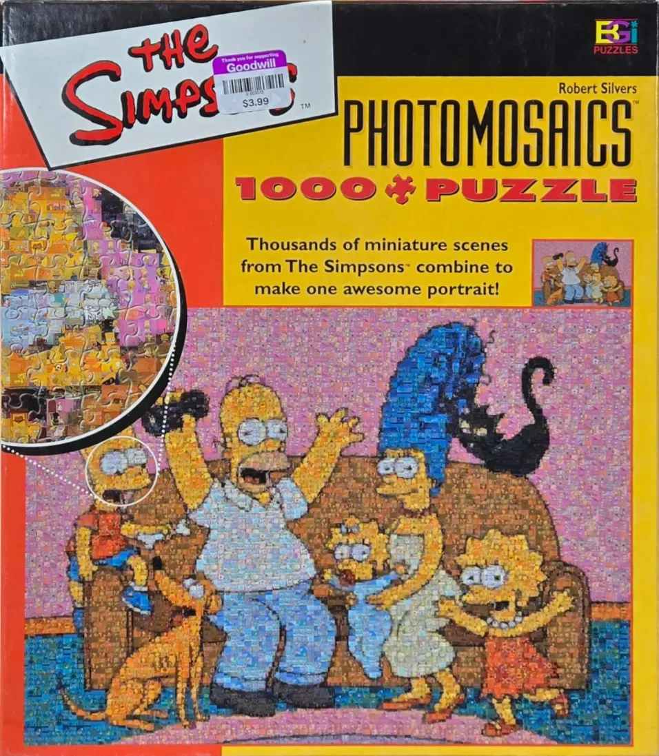 A photomosaic portrait of The Simpsons family sitting on their sofa.