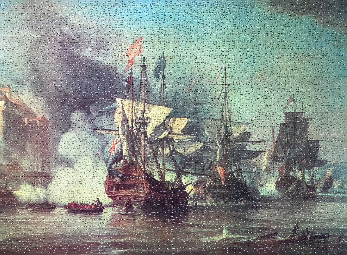 An oil painting of 18th-century warships engaging in a naval battle with smoke and cannon fire.