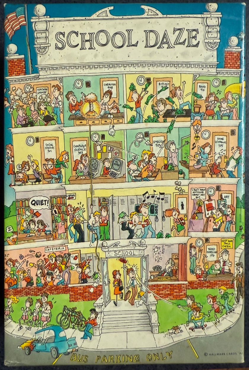 Cartoon illustration of a chaotic school building interior and exterior with various students and teachers.