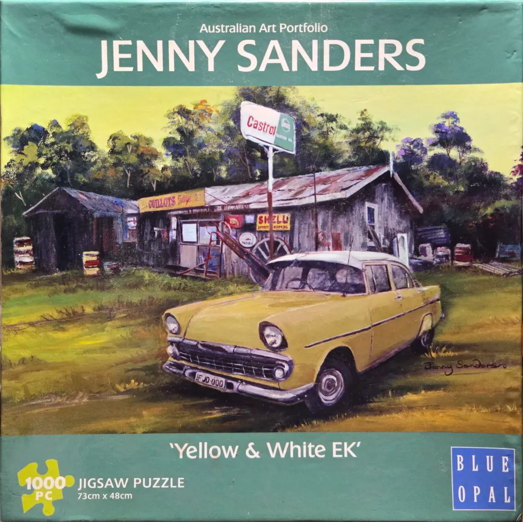 A painting of a yellow and white vintage Holden EK sedan parked in front of a rustic, weathered country service station.