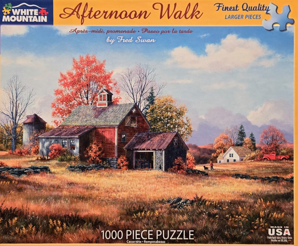 A peaceful autumn farm scene with a red barn, a field of golden grass, and a person walking their dog.