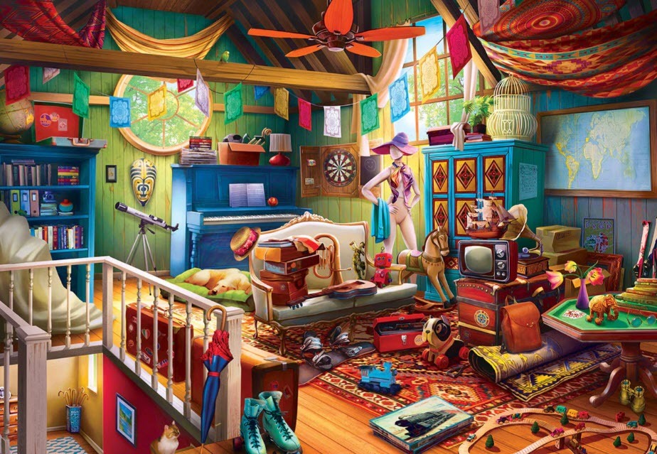 A cluttered, eclectic attic room filled with vintage objects, furniture, and vibrant decorations.