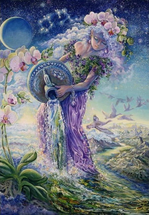 A fantasy illustration of a personification of Aquarius pouring water into a mountain landscape under a starry sky.