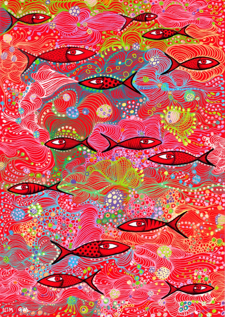 A whimsical illustration of red fish swimming through an intricate, abstract sea of swirling lines and colorful bubbles.