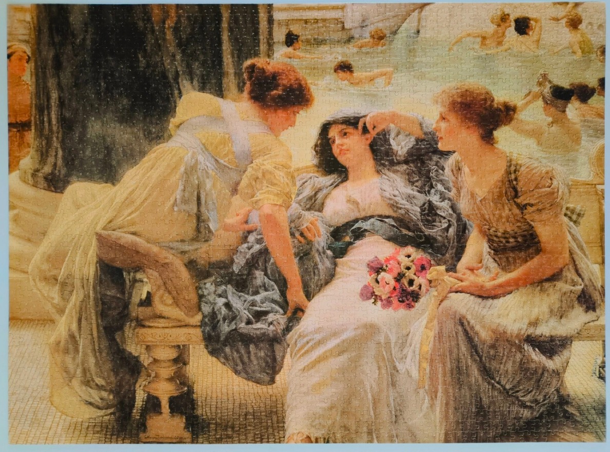 Three women sitting near a thermal pool, oil painting style.