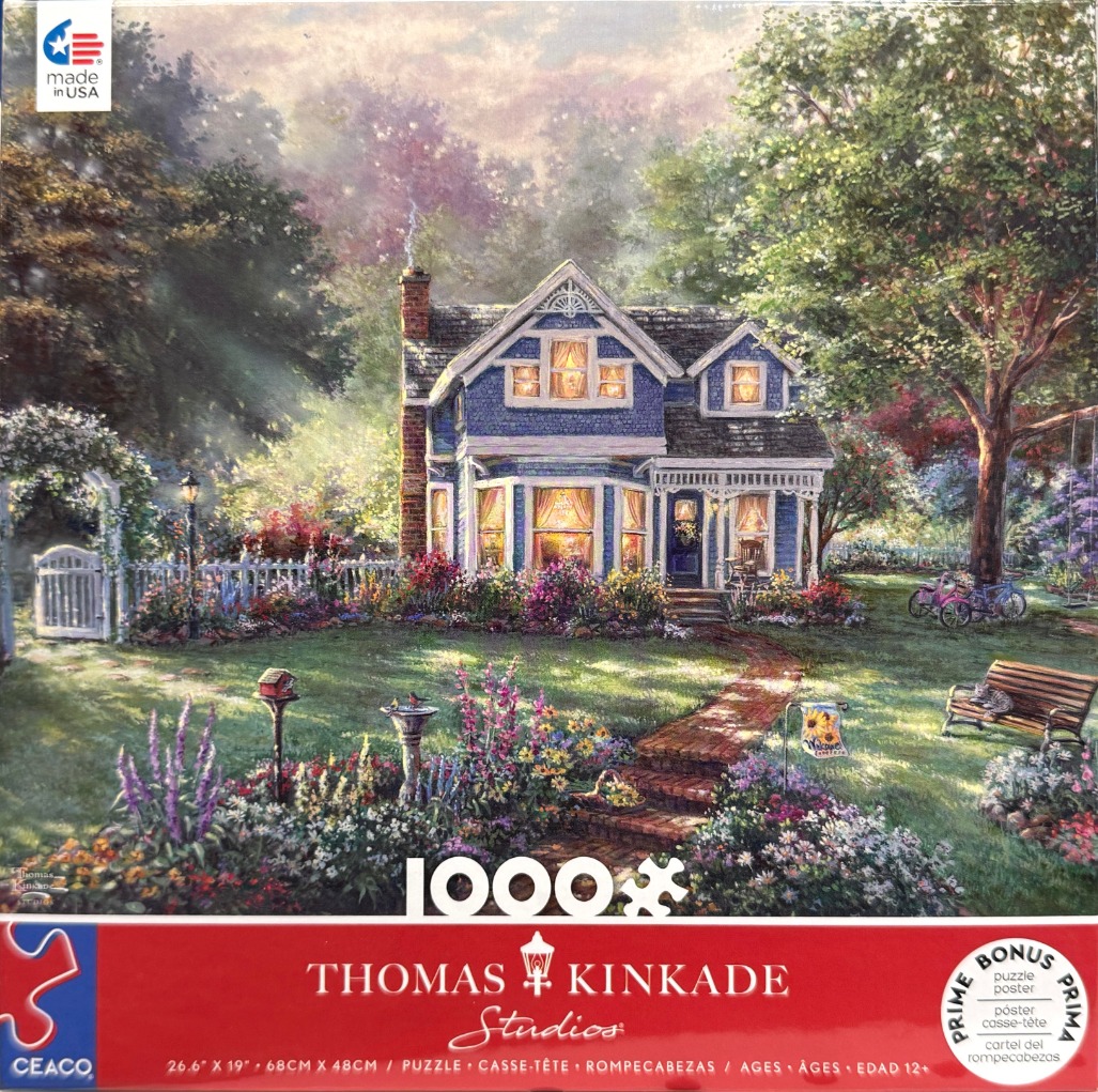 An idyllic blue Victorian house with a lush garden, glowing windows, and soft sunbeams filtering through trees.