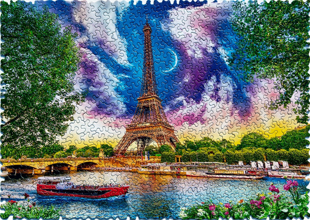 The Eiffel Tower at dusk with a vivid purple and blue sky, a crescent moon, and a river boat in the foreground.