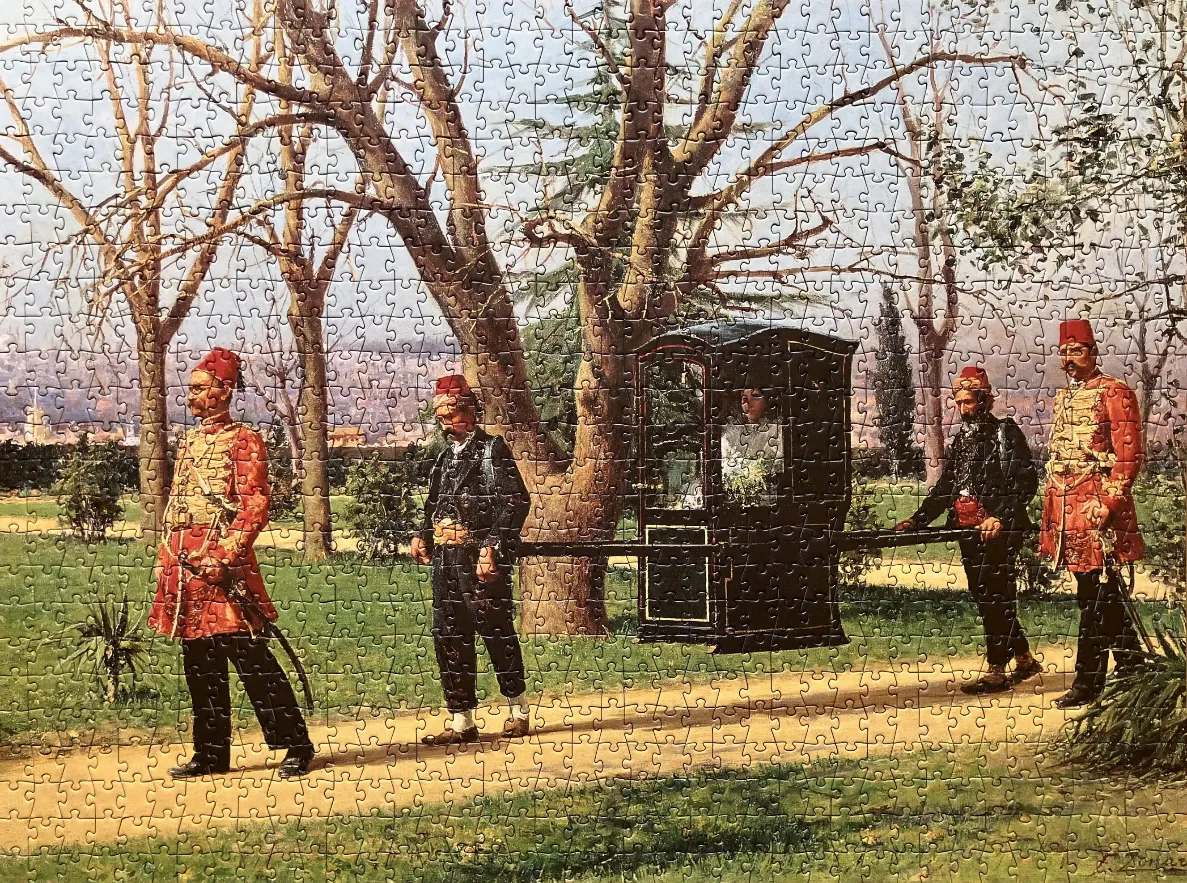 A historical painting of a woman in a sedan chair carried by attendants through a park.