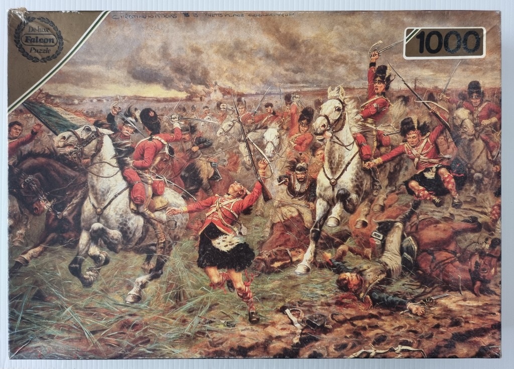 A dramatic oil painting of a 19th-century cavalry battle featuring soldiers in red uniforms on horseback.