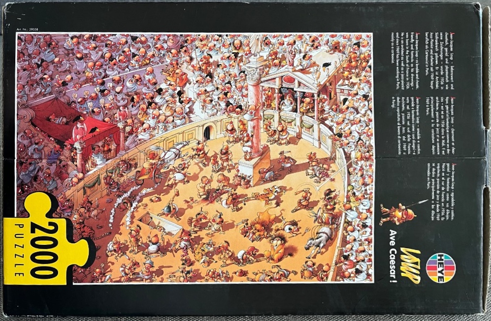 Cartoon illustration of a chaotic scene in a Roman colosseum with spectators, chariots, and wild animals.