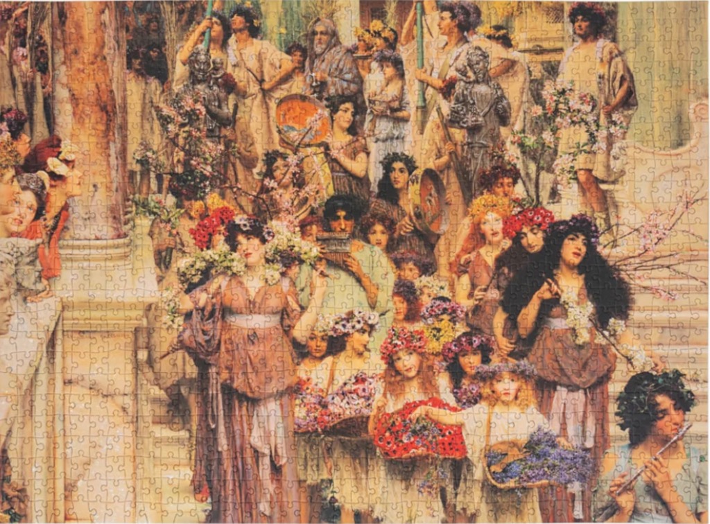 A Victorian-style painting of a procession of women in classical robes and floral crowns carrying baskets of flowers.