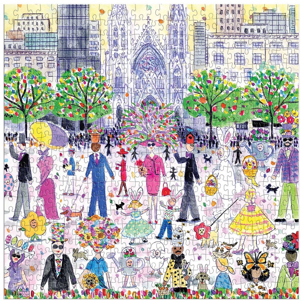 A whimsical illustration of a festive crowd celebrating Easter in front of a Gothic cathedral.