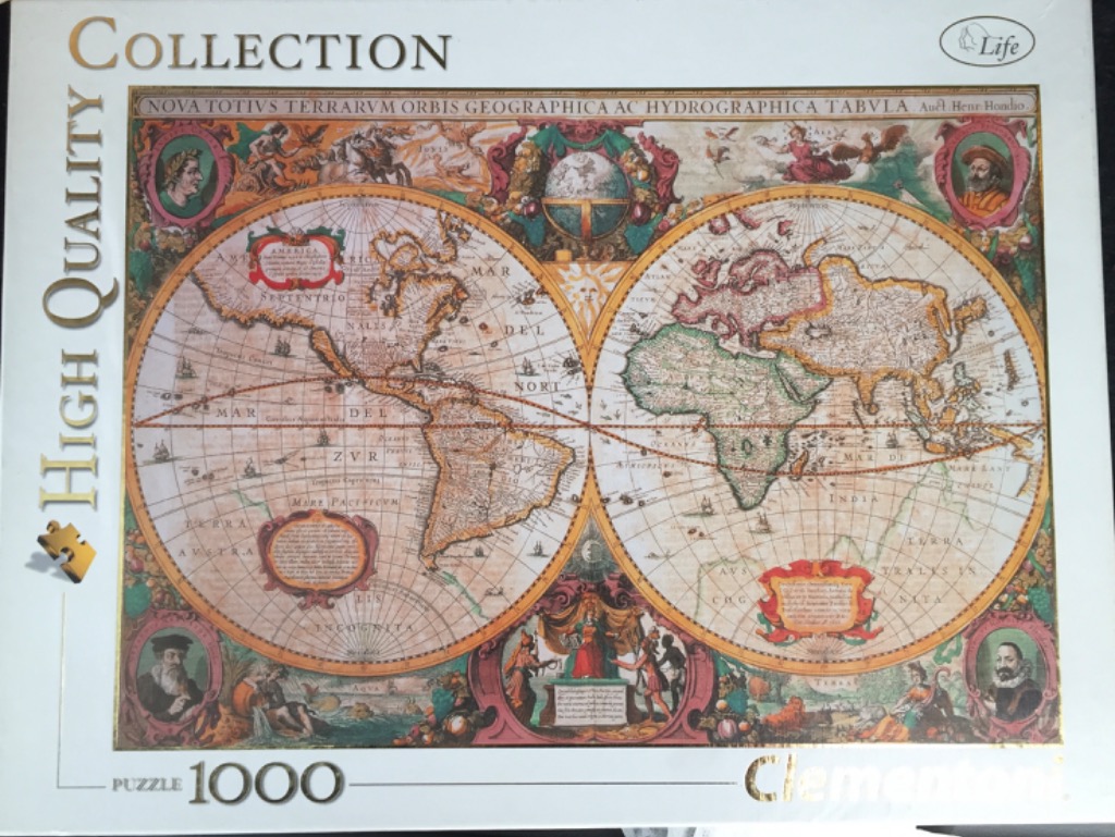 A vintage 17th-century style world map featuring two circular hemispheres and elaborate baroque border illustrations.