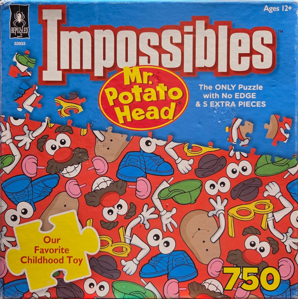 Illustration of scattered Mr. Potato Head toy parts against a bright red background.