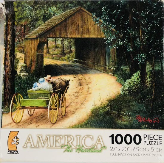 A horse-drawn buggy travels toward a wooden covered bridge on a sunlit dirt road in a rustic, wooded landscape.